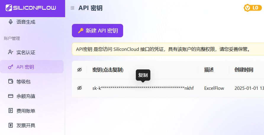 siliconflow API Key 显示